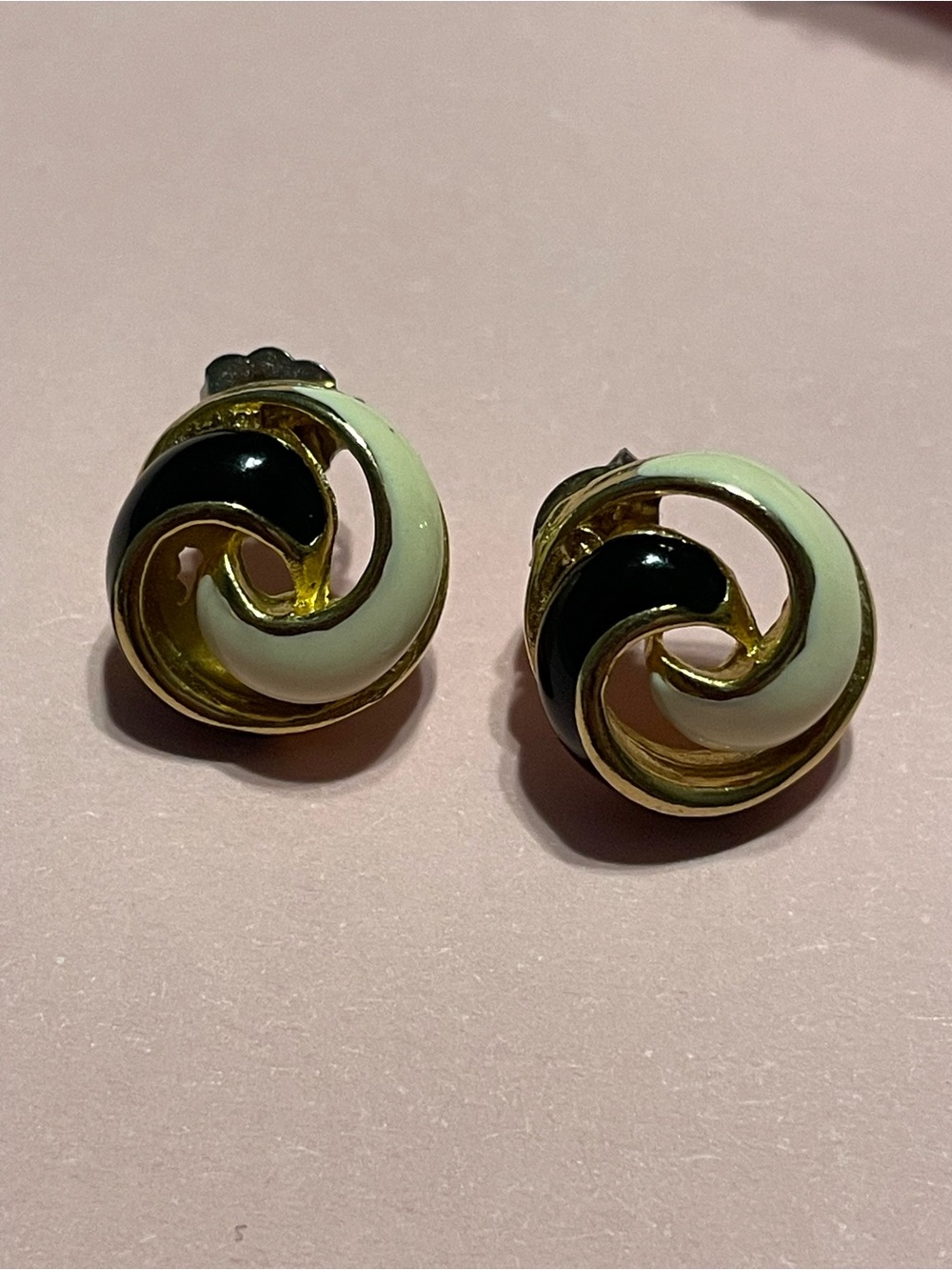 Gold Tone Black & White Enamel Pierced Earrings #9945